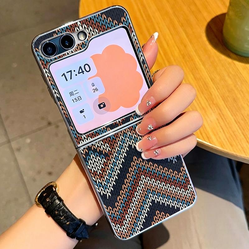 Geometric Cloth Texture Case For Samsung Galaxy Z FlIP 7 FE 6 5 Plating PC+PU Leather Hybrid Folding Cover For Samsung Z Flip7 Flip6 Flip5