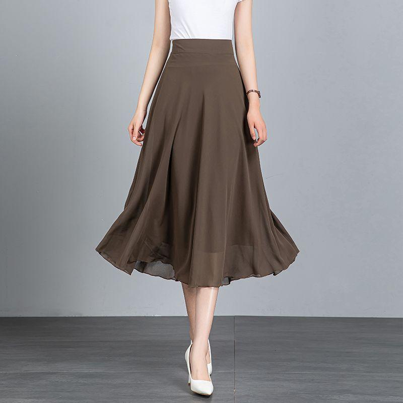 Sommer Neuer Einfarbiger Hellbrauner Chiffonrock Mittellang A-Linie Großer Schwung Damenrock Knielanger Rock