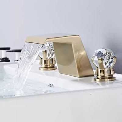 Tuqiu Luxury Brushed Gold Bathroom Faucet Brass Widespread Basin Faucet Sink Faucets 3 Hole Hot Cold Black Sink Faucet Water Tap