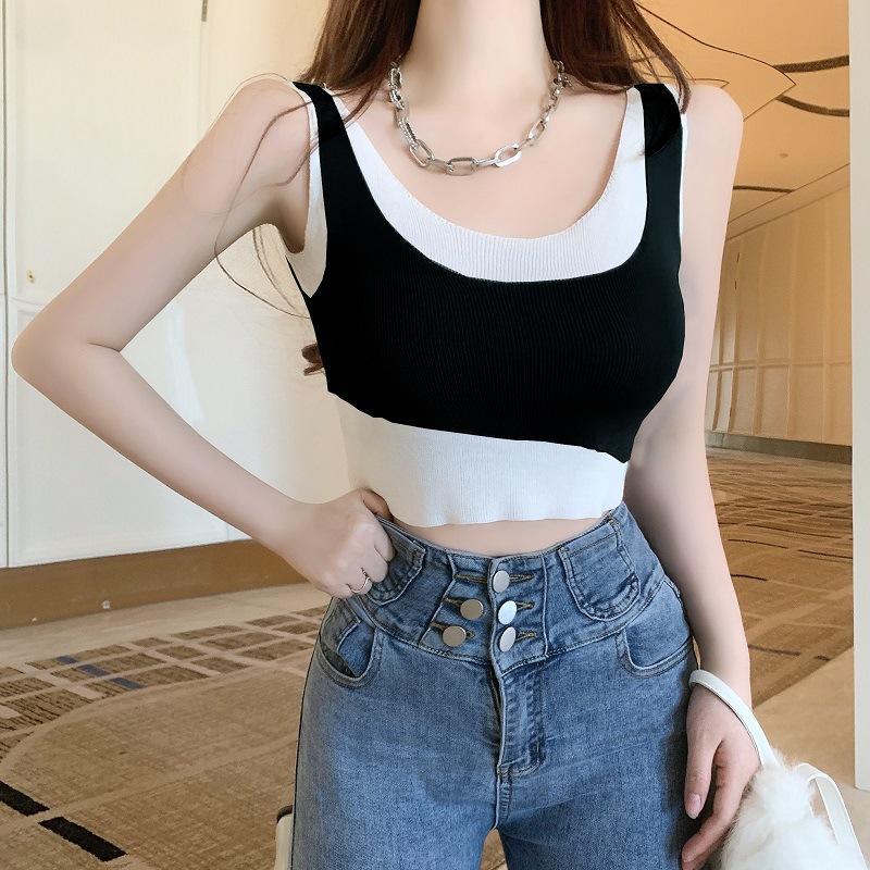 Summer New Korean Version Color Fake Two High Waist Elastic Knit Vest Irregular Dance Harness