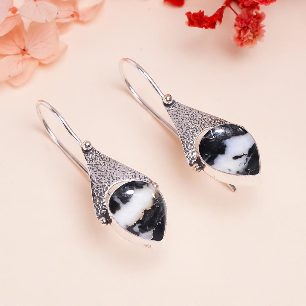 White Buffalo Turquoise - Nevada 925 Sterling Silver Earring V9673, Black & White Earring, Pear Earring, Valentin's Day Gift, Gift For Her, Birthday G