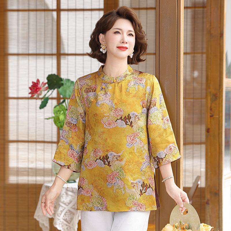 Elegant Summer Chiffon Blouse with Mid-Length Sleeves for Middle-Aged and Elderly Women 5XL (145-160kg)