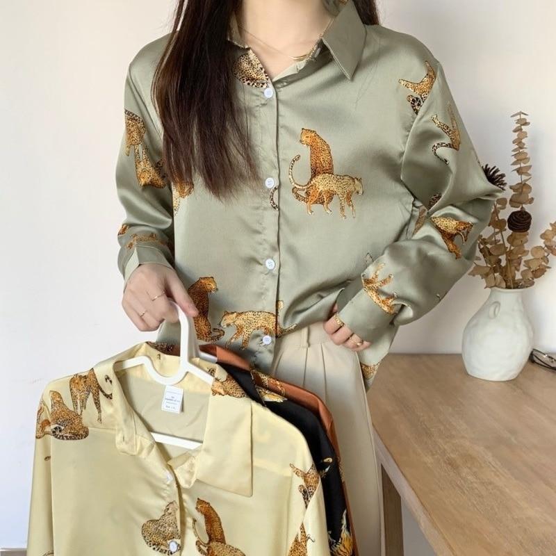 Vintage Turn Down Collar Blouse Fashion Leopard Animal Print Long Sleeve Shirt Casual Pocket Loose Tops 2023 Women Clothes 20678