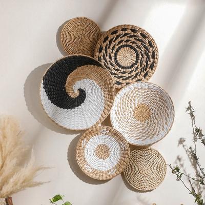 Handmade Seagrass Wall Hanging Basket Decor Boho Woven Wall Art Set Natural Round Rattan Ornament for Living Room Bedroom Decoration