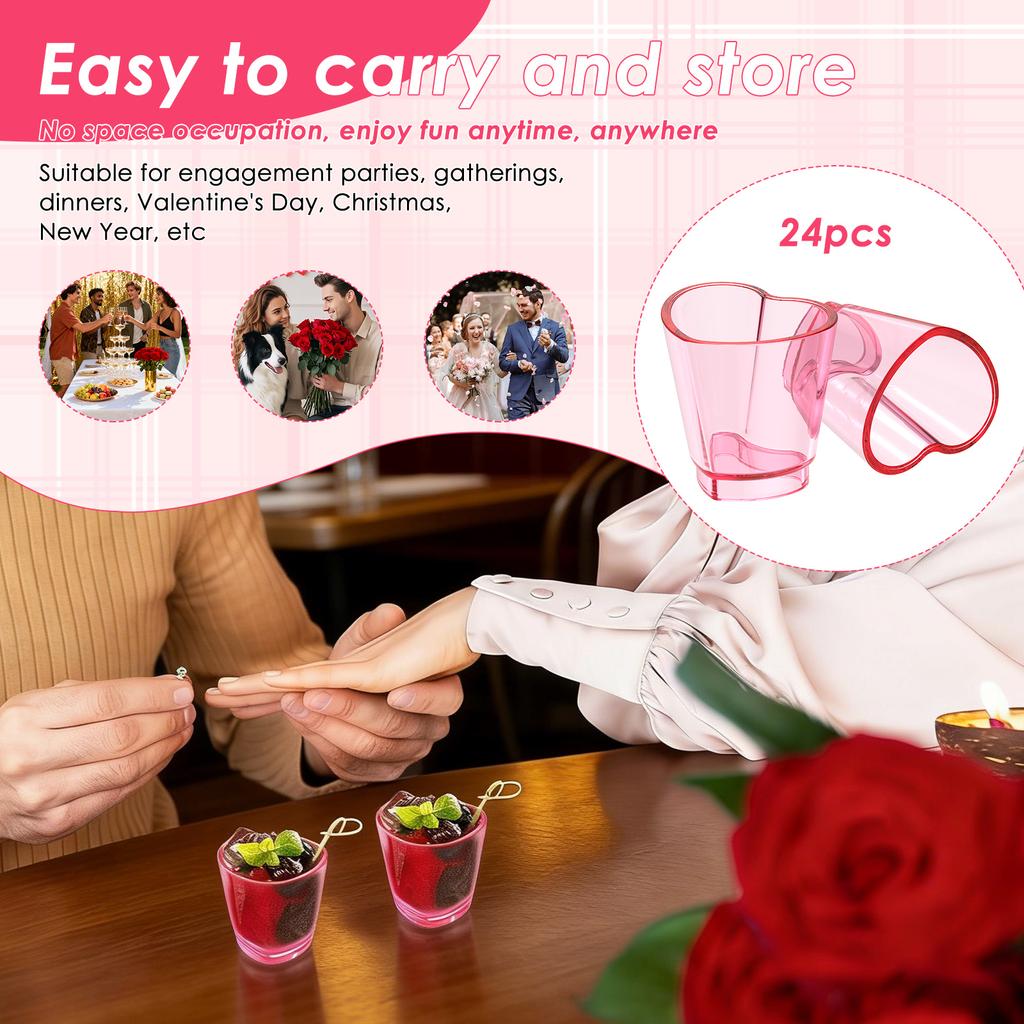 24/12Pcs Mini Wine Glass 1.5oz Heart Shape Cake Cup Tequila Spirit Shot Whiskey Glass Plastic for Festival Party Dessert Decor