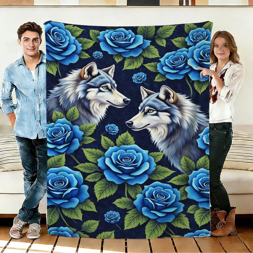 Wolf and Blue Rose Flannel Blanket Soft Cozy Throws Napping Travel Use
