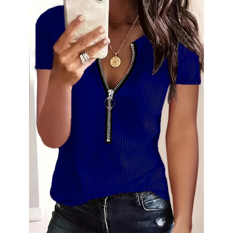Women's Solid Color Half Pull Short Sleeved T-shirt for All Seasons