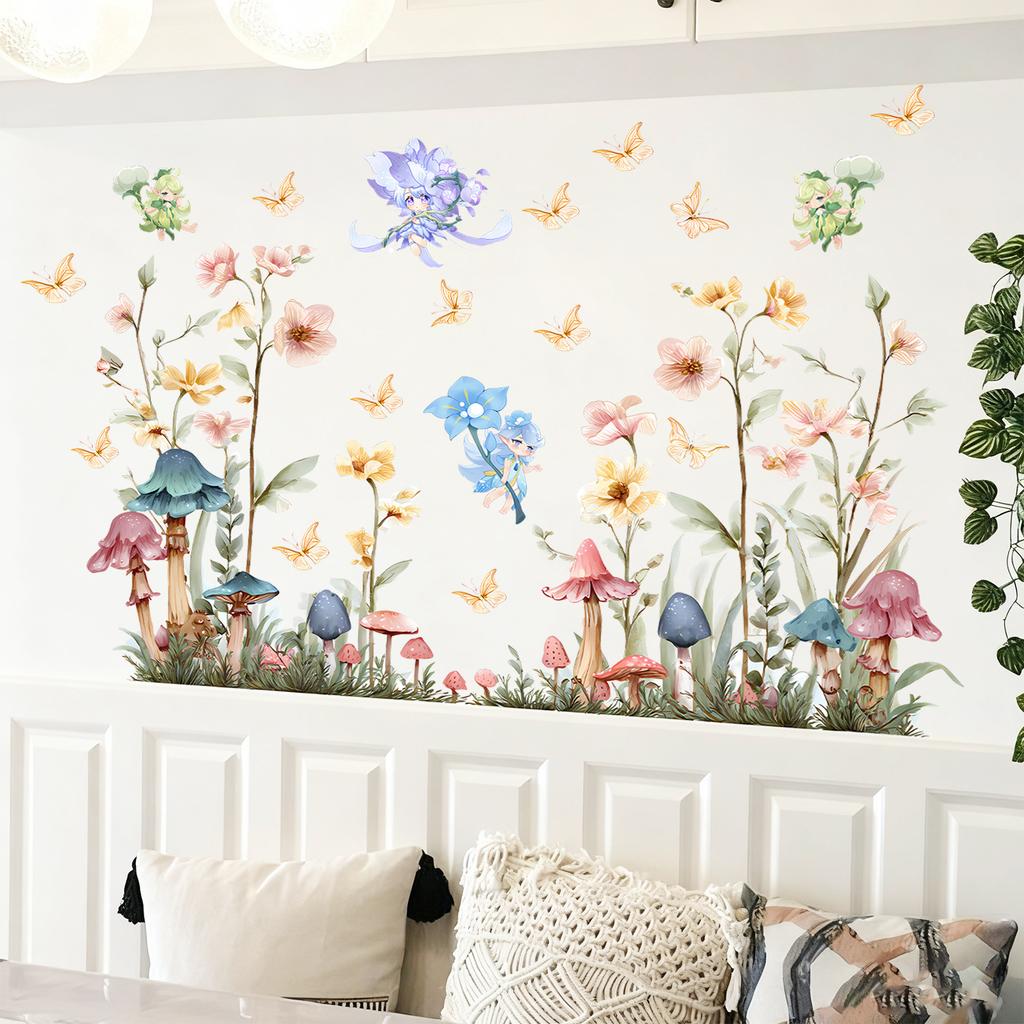 Creative Watercolor Floral Butterfly Fairy Wall Sticker for Living Room and Bedroom Background Decoration