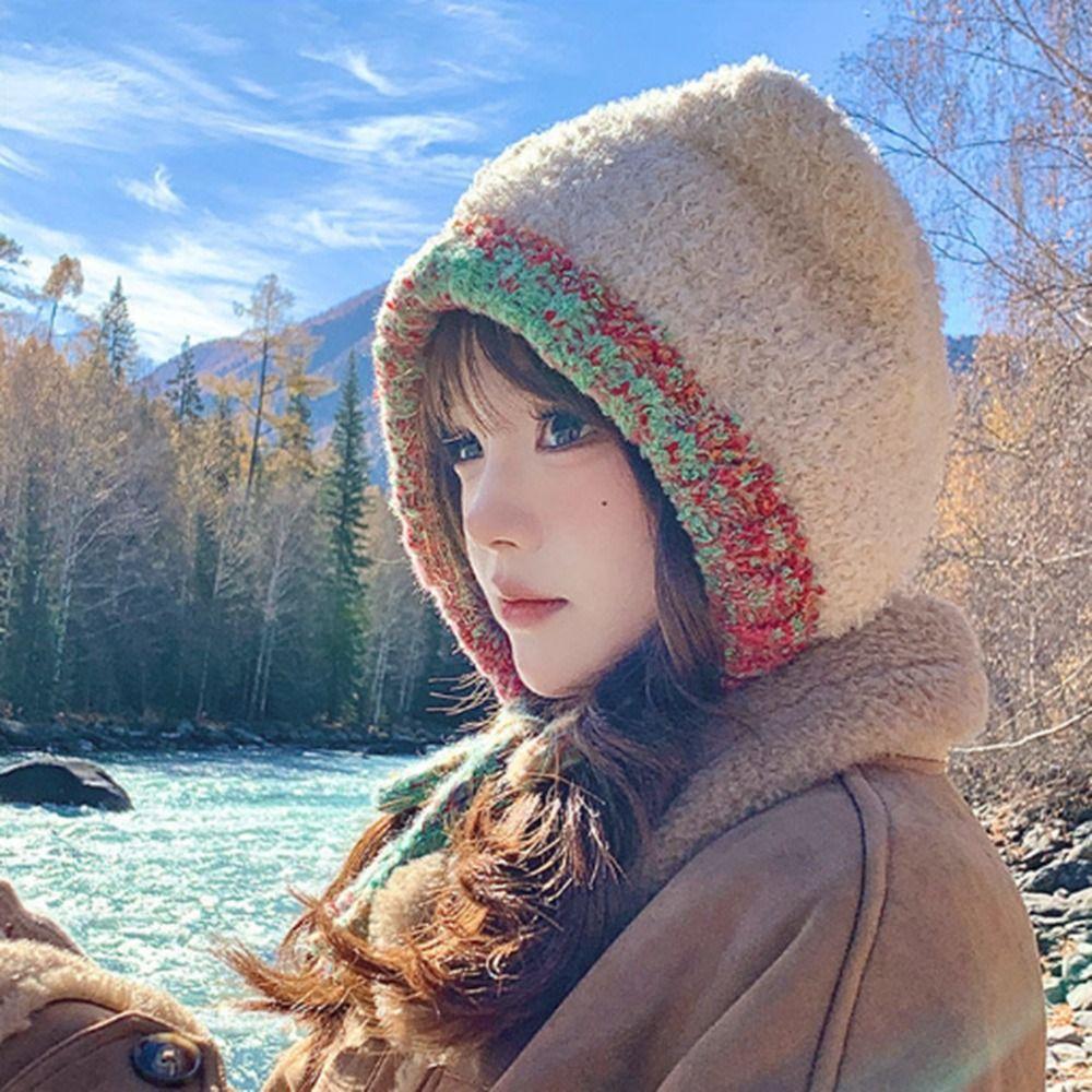 Fashion Bear Ear Knitted Woolen Hat Windproof Thickened Beanies Cap Keep Warm Ear Protection Cap for Women