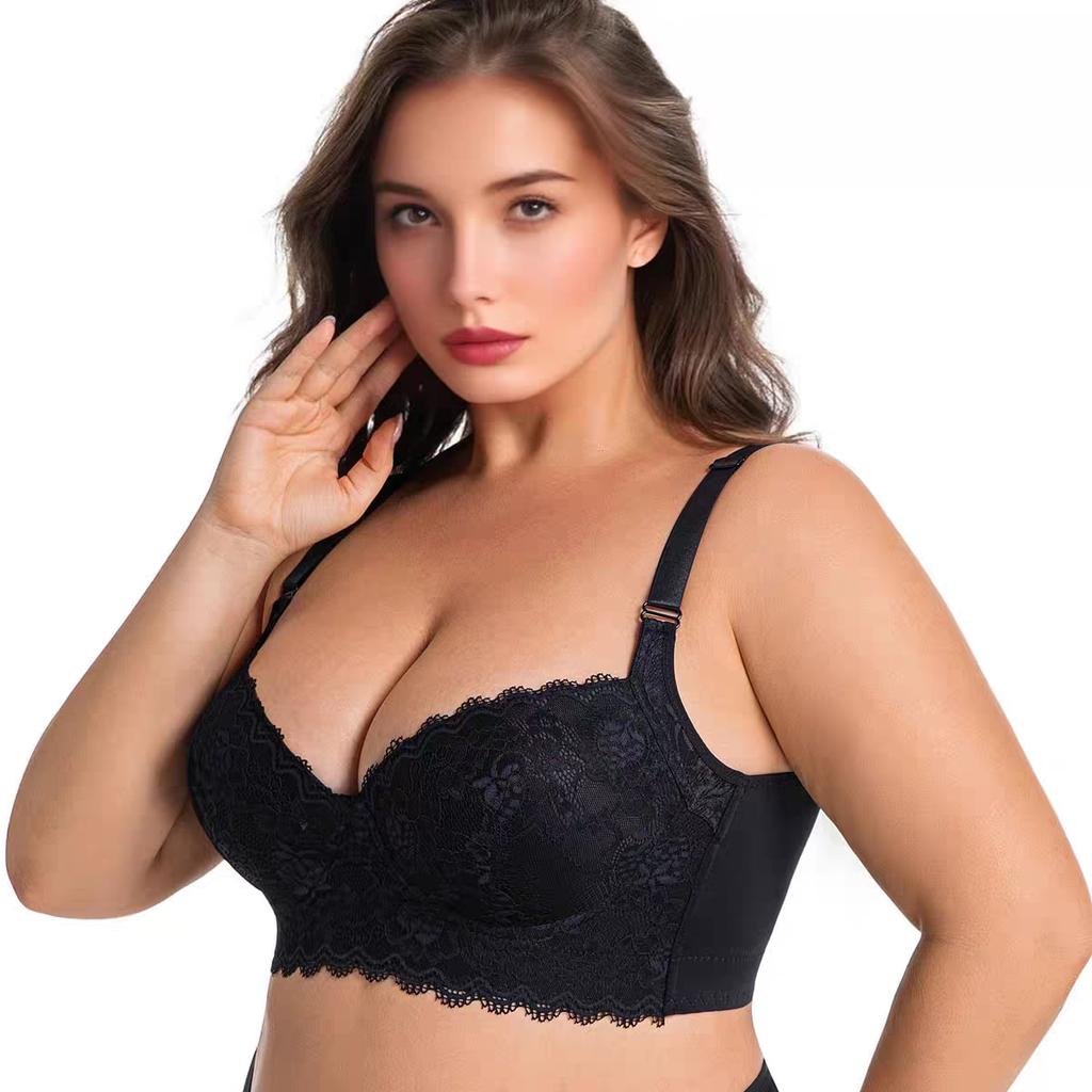 Large Size Thin Cup Lace Underwear for Women with Side Breast Adjustment and Underwire Bra
