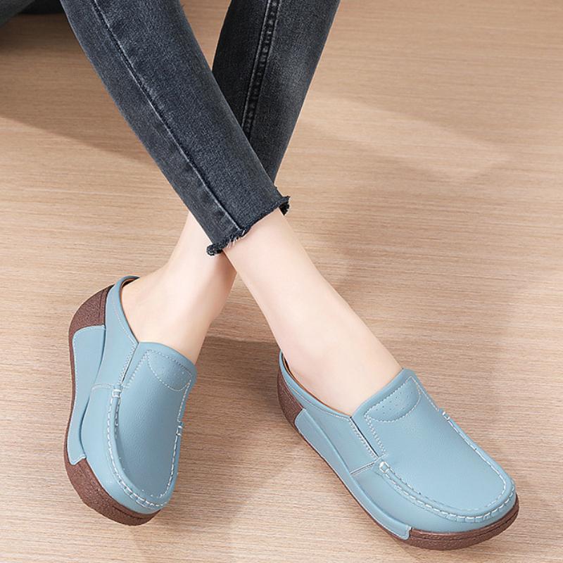Women PU Leather Platform Shoes Non-slip Half Slippers Fashion Rocker Shoes Wedge Heels Walking Shoes