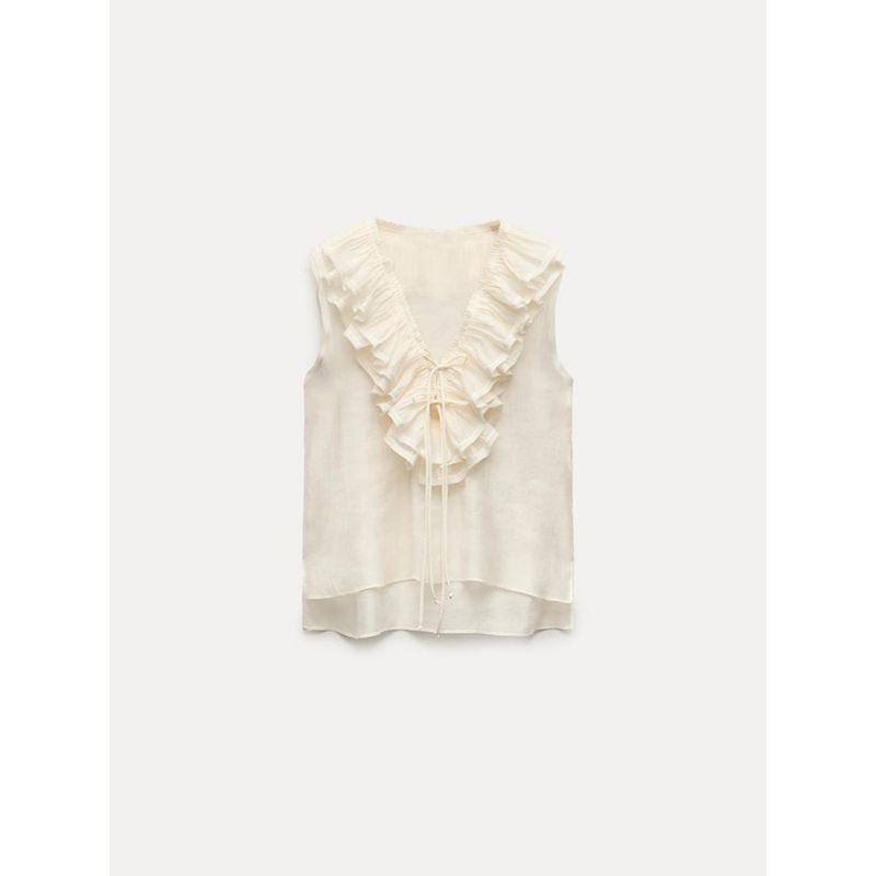 Za2024 Summer New Product Women's Clothes V Neck Sleeveless Shoelace Laminated Decoration Ruffle Top 3324505 712