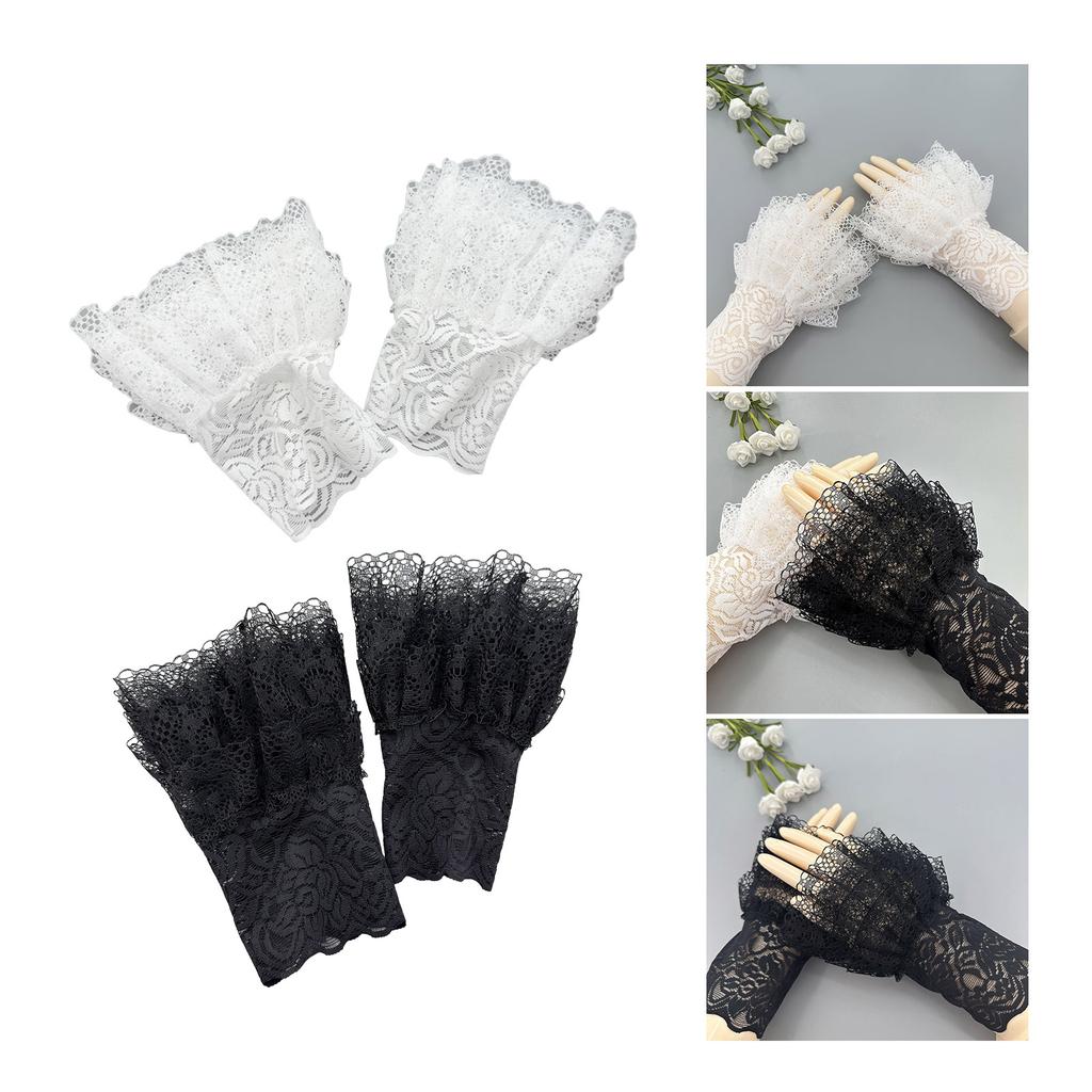 1 Pair Womens Wrist Cuffs Flower Ruffle Lace Pleated Horn Cuffs Detachable Shirt False Sleeves Wrist Warmers