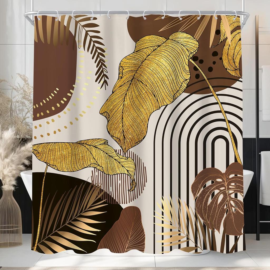 Black Gold Christian Shower Curtain, Tropical Palm Bible Verse Print, Modern Monstera Aesthetic With Hooks
