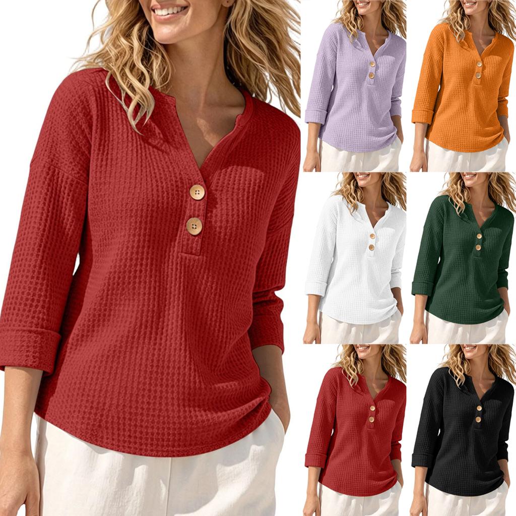 Women's Fashion Color V-Neck Knit Three-Quarter Sleeve Loose Fit Blouse
