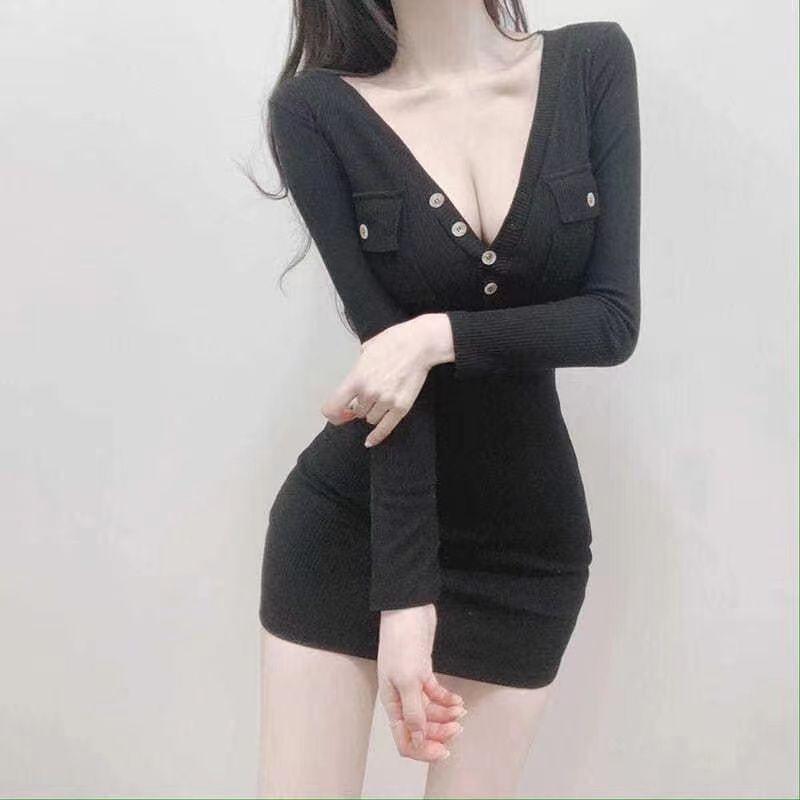 French Sexy Spice Girl Long-sleeved Dress Women's Spring New Slim-fitting and Thin Inner Niche Hip-wrapped Short Skirt