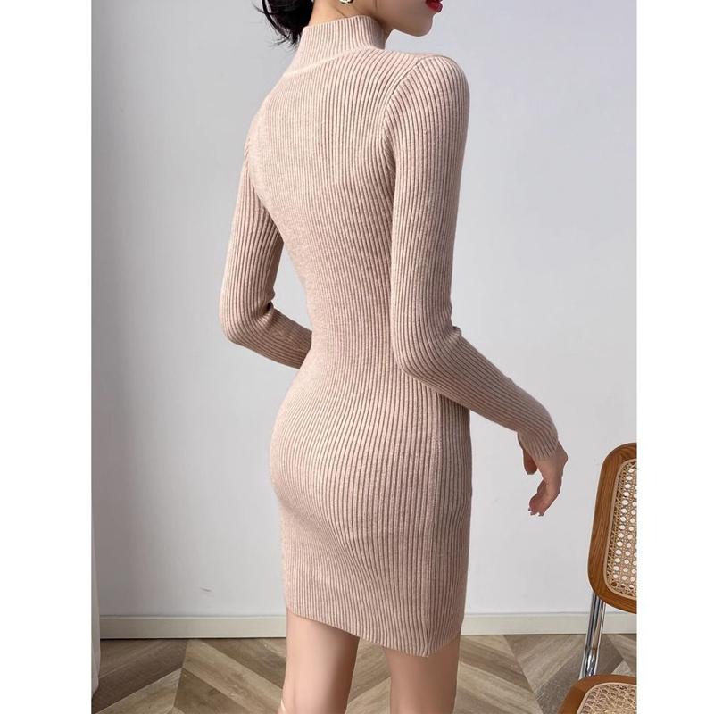 Autumn Winter Women Korean Fashion Simple Ribbed Knitted Dresses Elegant Half High Collar Long Sleeve Slim Basic Sweater Dress