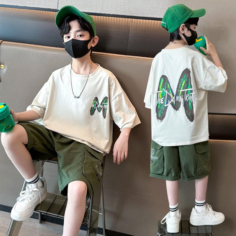 Summer Boy Clothes Set Teenage Letter Printed Casual T-shirts and Shorts 2pcs Suit Kid Short Sleeve Top Bottom Fashion Outfits