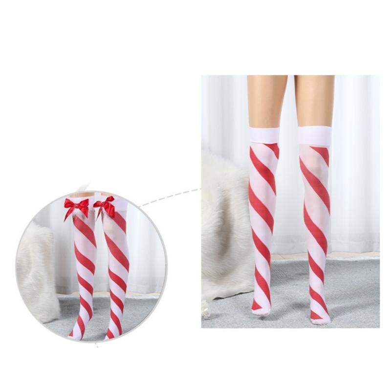 Women Red White Striped Over Knee Long Socks Cute Lovely Bowknot Thigh High Stockings for Christmas Party Costume