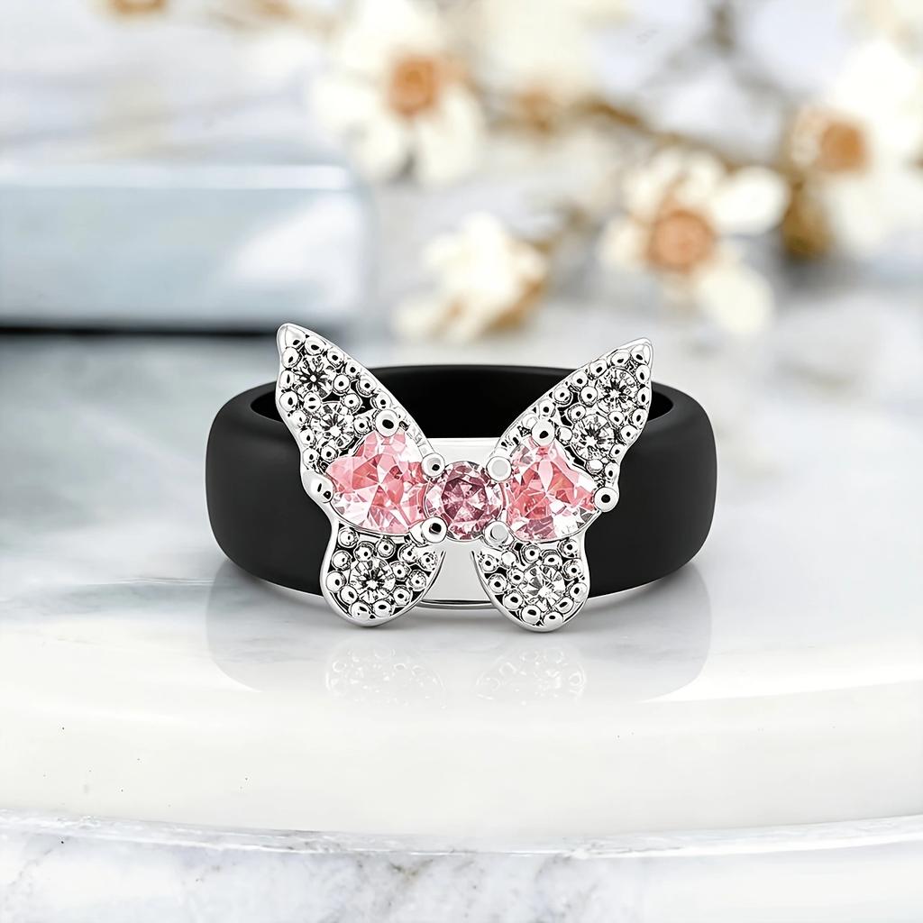 Trendy Sparkling Heart Butterfly Pink CZ Black Silicone Ring, Lightweight Flexible Band for Party & Casual Jewelry