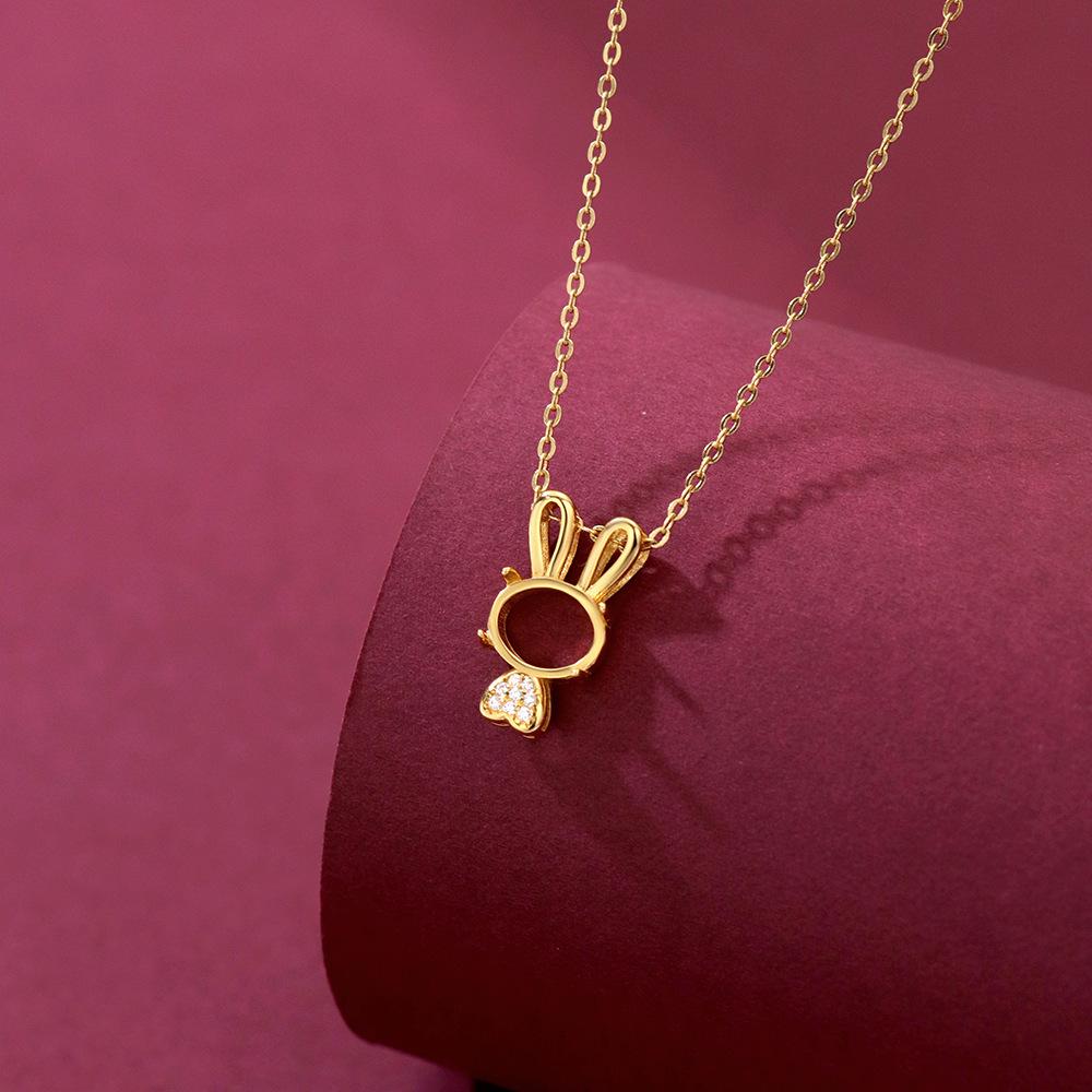 Gold-Plated 925 Sterling Silver Egg-Shaped Rabbit Pendant with Prong-Set Unset Setting, Handmade Exquisite Light Luxury 7x9 Fashion Style.