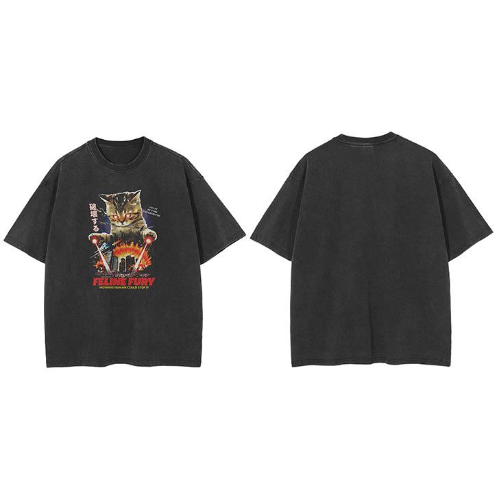 Hip Hop Faded Black TShirt Streetwear Funny Cat Monster Attack Graphic T Shirt Printed Men Tshirt Cotton Tops Tee Japanese