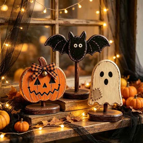 Autumn Atmosphere Interior Accents Halloween Wooden Tabletop Decor, Vintage Pumpkin Ghost Bat Figurines, Rustic Farmhouse Fall Party Indoor