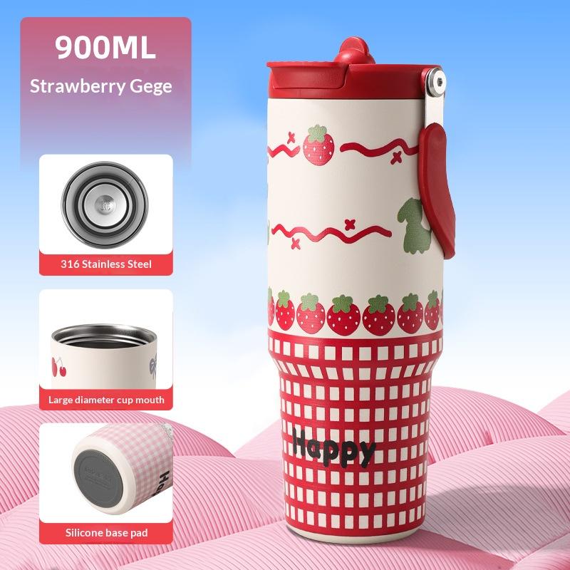 

Cartoon Animal Thermos Cup Large Capacity Portable Insulated Straw Cup Outdoor Travel Mug High Aesthetic Design Strawberry Gege
