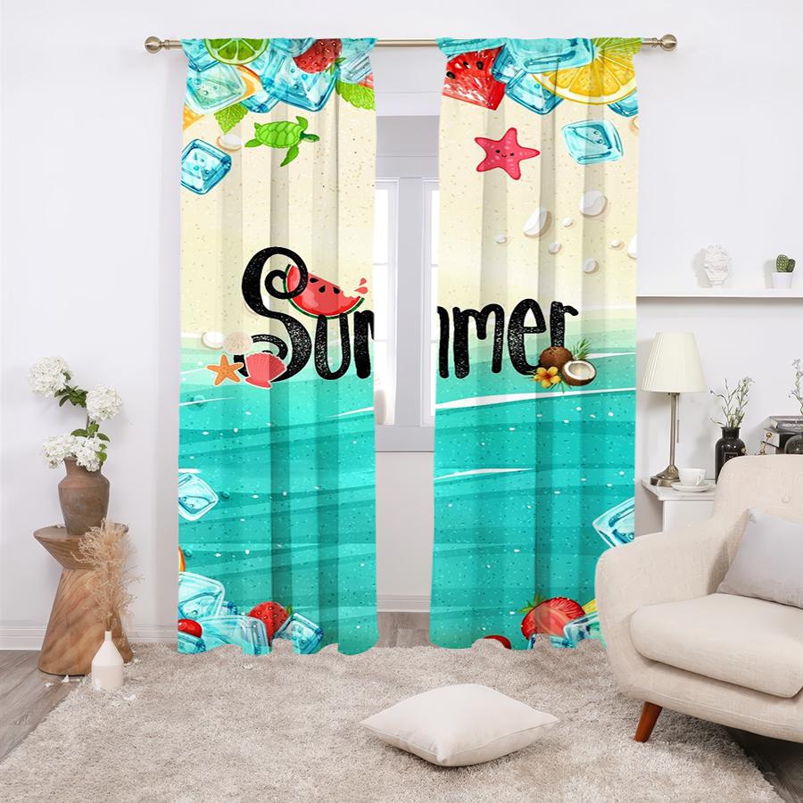 2PCS, Multicolor, Summer Beach and Tropical Fruit Print with Sea Creatures Curtains, for Bedroom and Living Room