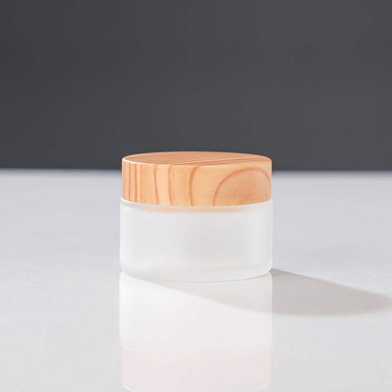 Frosted Glass Cream Jar with Wood Grain Lid for Refillable Cosmetics