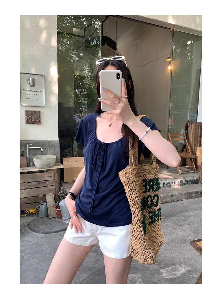 T-shirt d'été tendance pour femme, col en V, à lacets, coupe décontractée, manches courtes (2026)