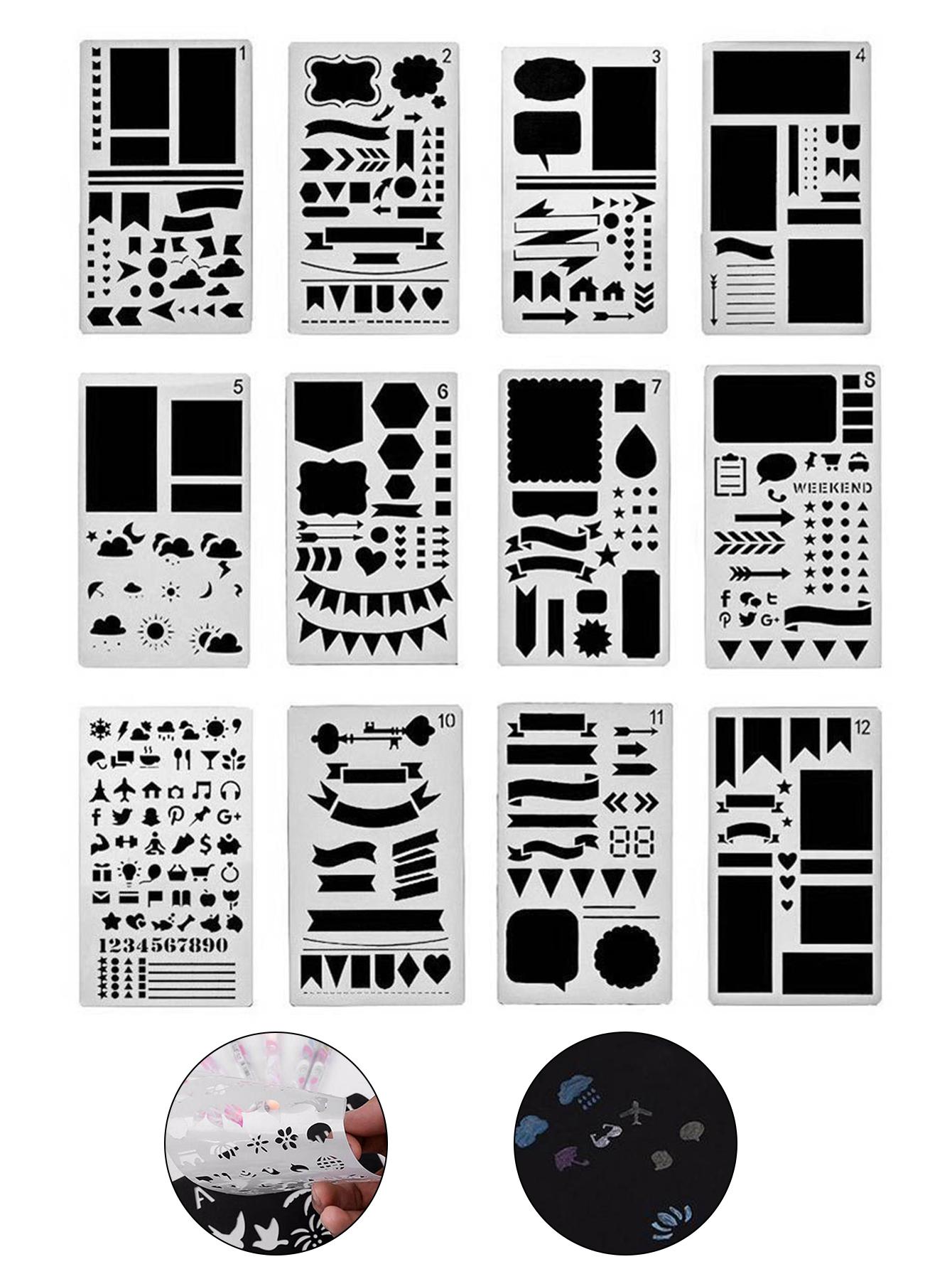 

12 Pcs/Set Stencil Set Plastic Planner DIY Drawing Template for Diary Not светло-серый