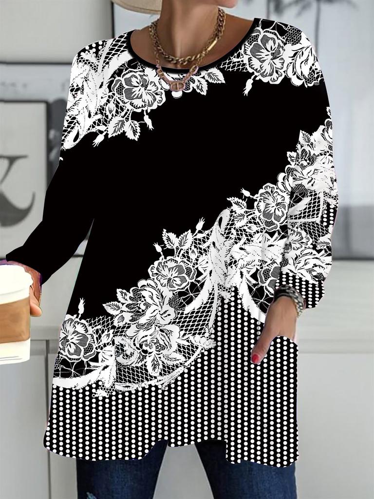 2025 Autumn Winter New Plus Size Women's Tops, Vintage Pattern 3D Print Fashion Crew Neck Long Sleeve T-Shirts