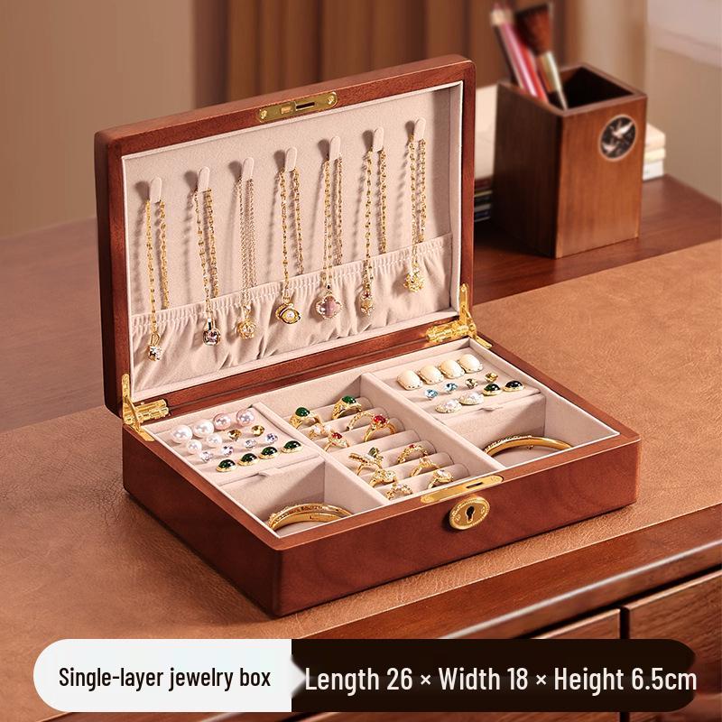 Solid Wood Double-Layer Jewelry Box with Lock - Desktop Earring & Ring Organizer