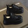 Leather Black Sneakers Women's Autumn New Fashion Rhinestone Thick Sole Inner Height Increase Small Casual Shoes