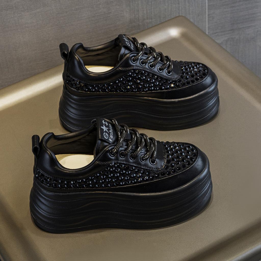 Leather black sneakers women's autumn new fashion rhinestone thick sole inner height increase small casual shoes