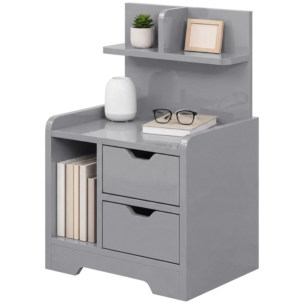 Bedside Table, Small Bedside Cabinet with 2 Drawers and Storage Shelves, Modern Nightstand for Bedroom, Grey
