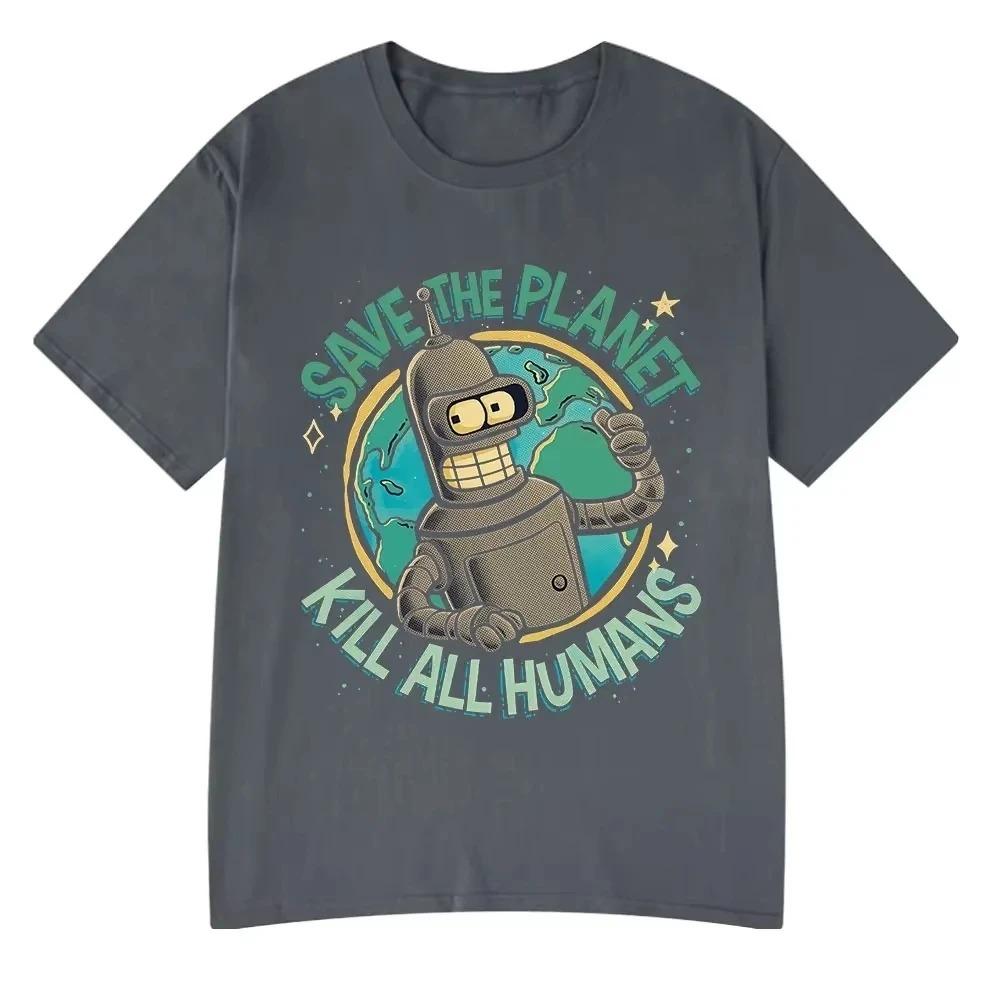 Funny Tees Save The Planet Kill All Humans Robot Graphic Print T Shirt Men Women Short Sleeve T-shirt Oversized Cotton Tops