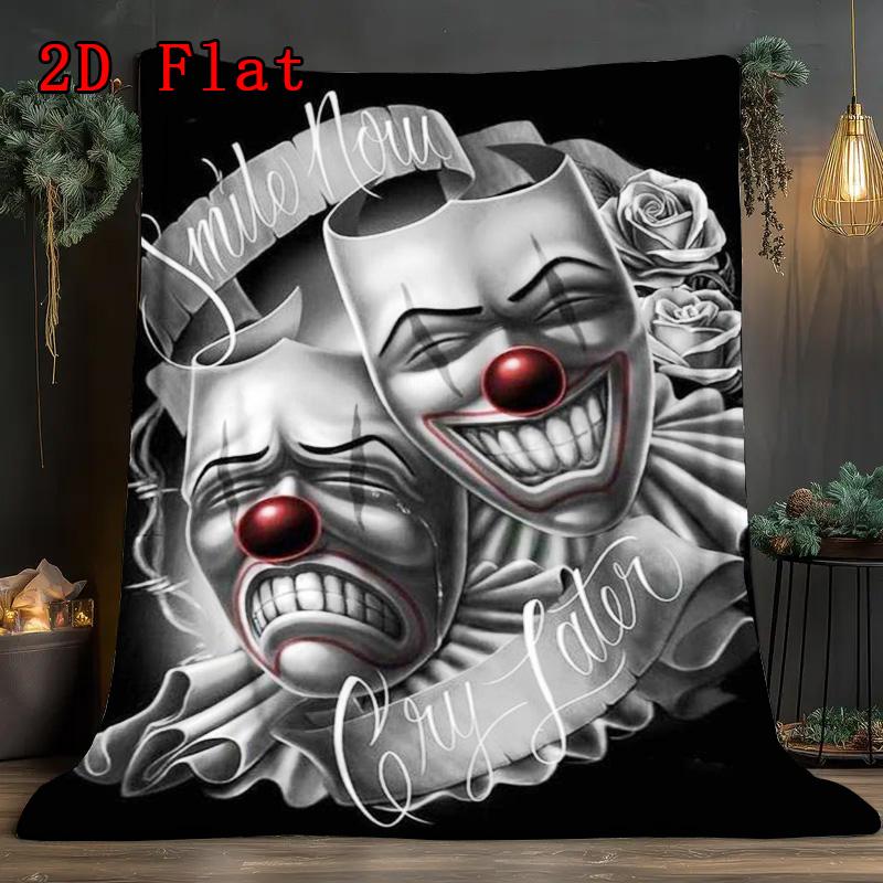 Laughing Crying Clown Face 2D Flat Pattern Flannel Blanket High quality All Seasons Warmth and Comfort Perfect for Christmas Gifts.