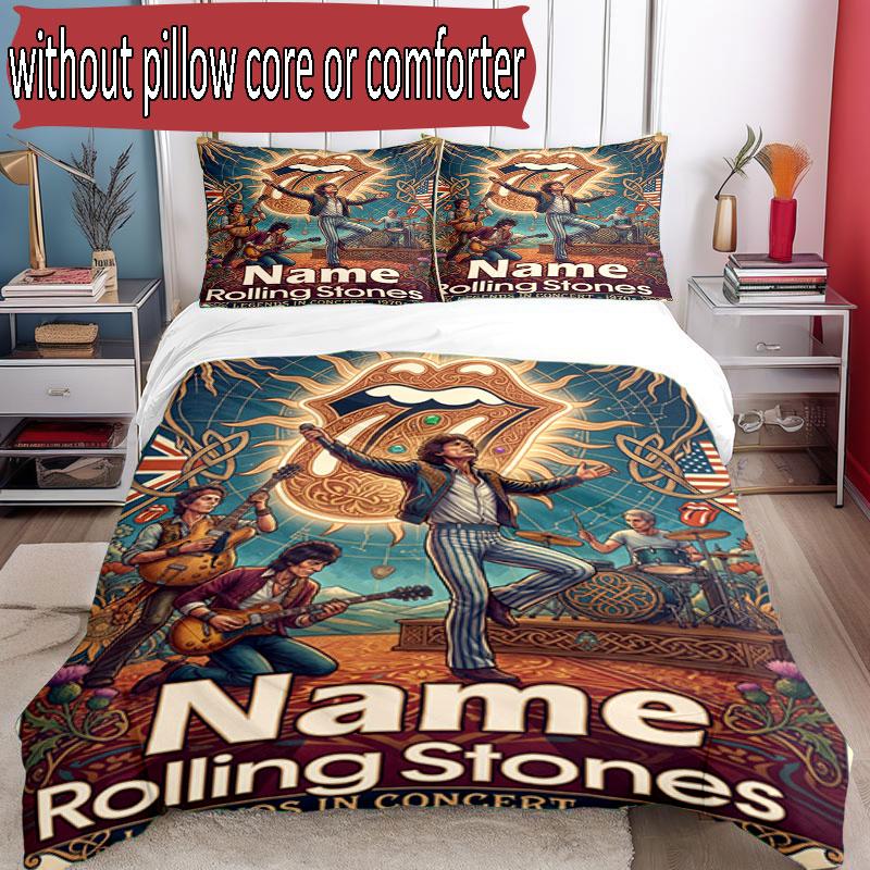 3-teiliges Bettbezug-Set (1 * Bettbezug + 2 * Kissenbezug, ohne Kern), Benutzerdefinierter Name The Rolling Stones Muster Bettwäsche-Set, Heim Schlafzimmer Dekor Geschenk