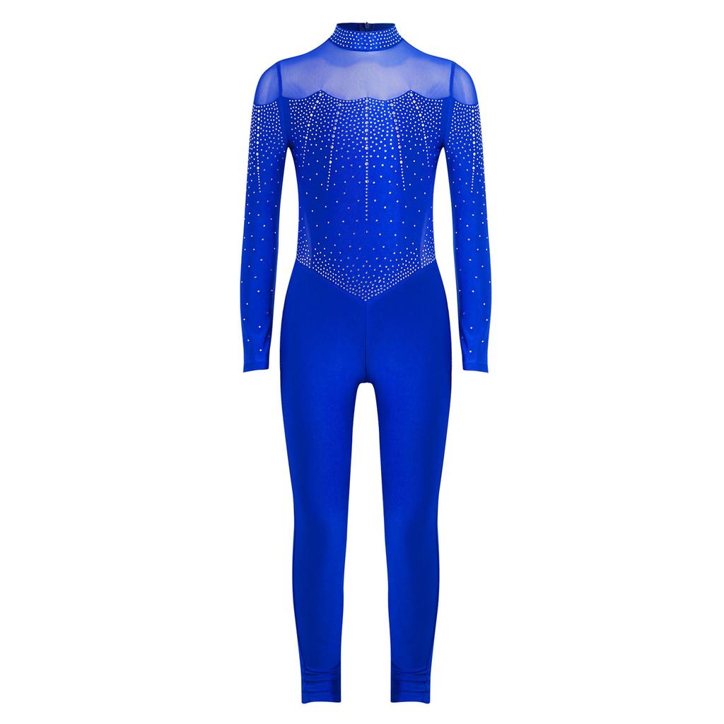 Dívčí lesklý kamínkový celotělový leotard s falešným límcem a dlouhým rukávem, kombinéza s průsvitnou síťovinou a patchworkem, krasobruslařské body