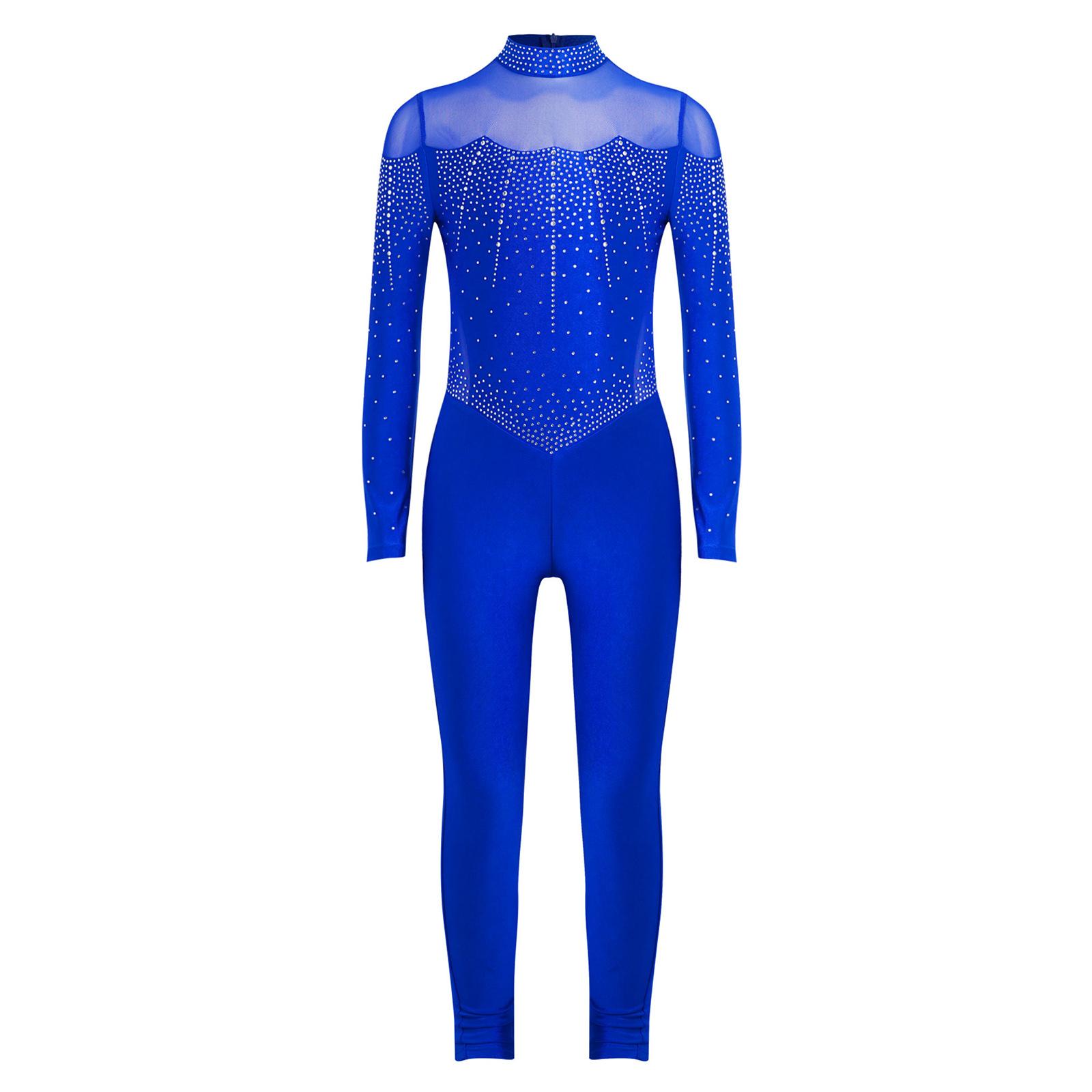 

Дівчачий блискучий леотар з повним тілом зі стразами, з коміром-стійкою, з довгим рукавом, з прозорими сітчастими вставками, комбінезон печворк, боді для фігурного катання 9-10 Years синій