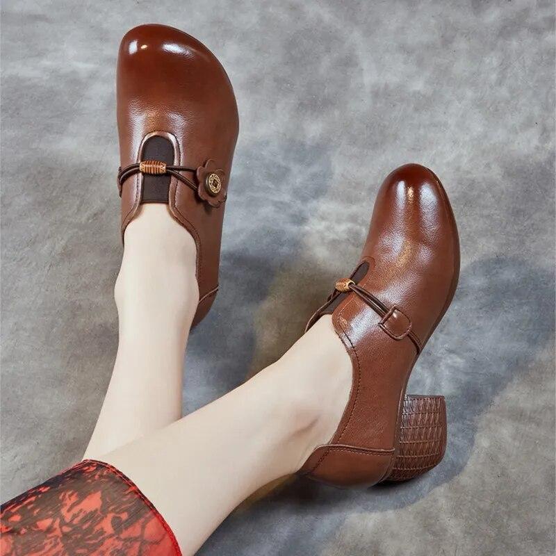 Johnature Echtleder-Pumps, Retro-Stil, runde Zehenpartie, dicker Absatz, weiche Sohle, einfarbig, vielseitige Damenschuhe