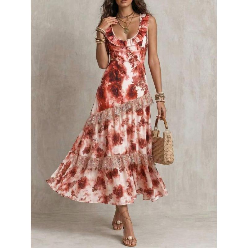 European summer fashion lace floral print lotus leaf edge round neck sleeveless long dress women S разноцветный