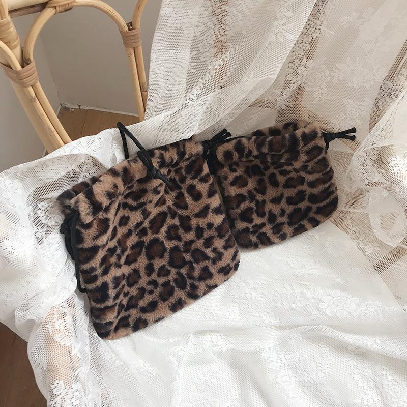 Plush Retro Leopard Print Bag for Women New Autumn and Winter Casual One-shoulder Drawstring Crossbody Bag Mini Handbag