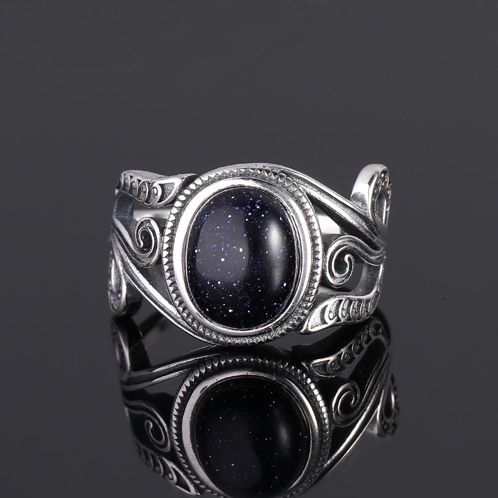 S925 Silver Ring for Women Oval Round Dropwater Natural Blue Sandstone Ring Gift Sun Shaped Retro Luxury Fine Jewelry
