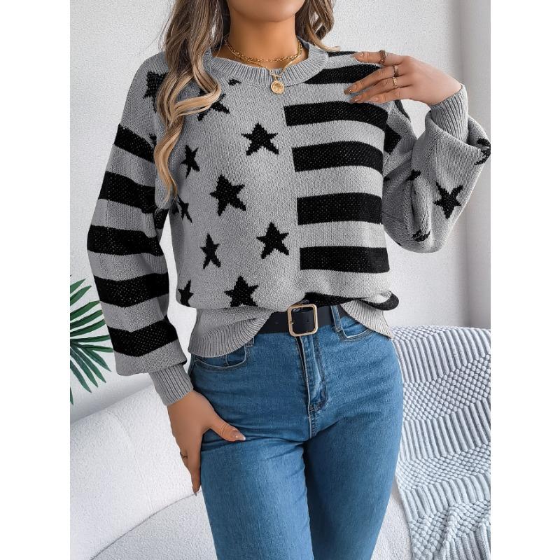Autumn and Winter Casual Starry Striped Lantern Long-sleeved Pullover Sweater Women's Clothing