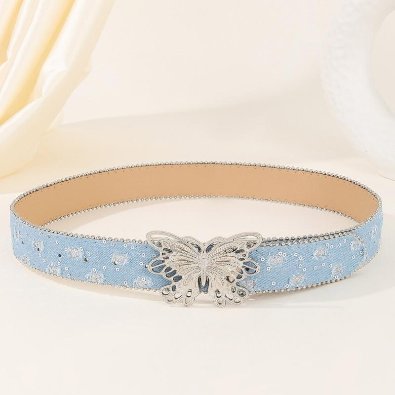 Punk PU Waist Belt for Jean Heavy Duty Hip Hop Belt Waistband Glinting Buckle with Encrusted Butterfly