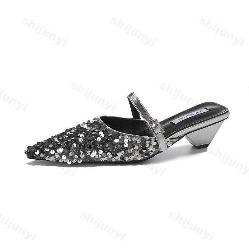 Fashion Fashion Sequin Pointed Head Casual Half Slippers for Women 2025 Summer New Comfortable Versatile Hollow Elegant Slip on Sandals