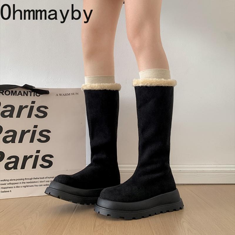 Winter Chunky Platform Heels Women Snow Boots Concise Height Increase Short Plush Shoes Warm Cotton Long Booties  Mujer